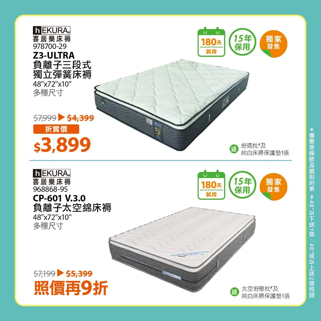 CP-601 V.3.0 負離子太空綿床褥 48"x72"x10" 多種尺寸